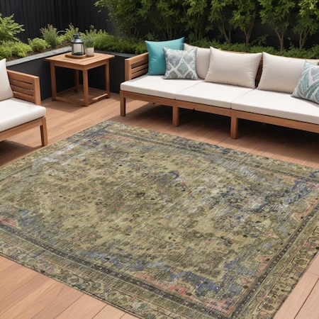 Homeroots 8' X 10' Artichoke Green And Denim Blue Medallion Washable Indoor Outdoor Area Rug 616043