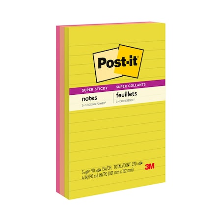 Post-It Super Sticky Notes, Summer Joy Collection, 4in. x 6in., Lined, 3PK 660-3SSJOY