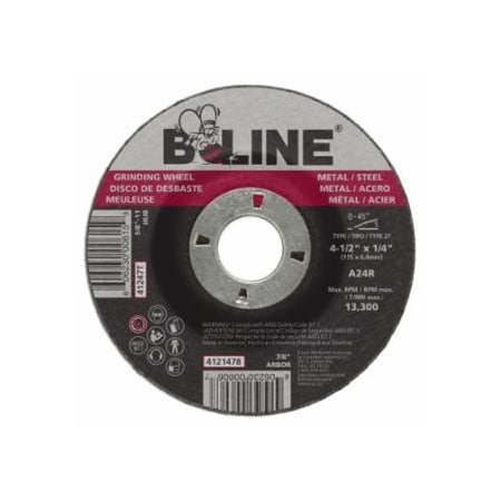 B-Line Abrasives Depressed Center Grinding Wheel, 4-1/2 in dia, 1/4 in Thick, 7/8 in Arbor, 24 Grit, 10PK 903-4121478