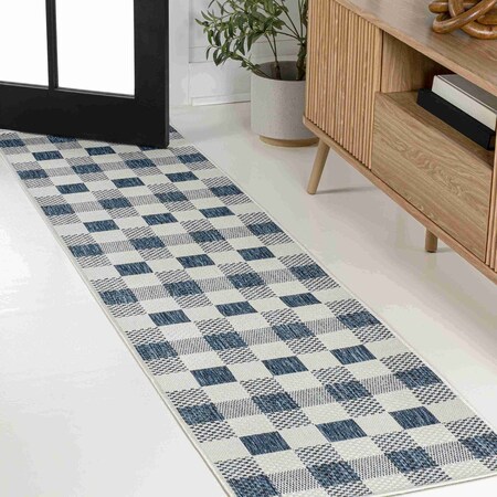 Jonathan Y Darcy Traditional Geometric Bold Gingham Navy/Cream 2 ft. x 8 ft. Indoor/Outdoor Runner Rug TSN201C-28