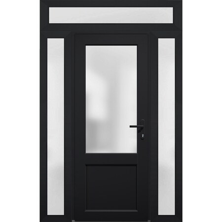 Vdomdoors Front Exterior Prehung FiberGlass Door Frosted Glass / Manux 8422 Matte Black / 2 Sidelight and Tra MANUX8422EXD-BLK-W12+36+12 x H80+14-LH