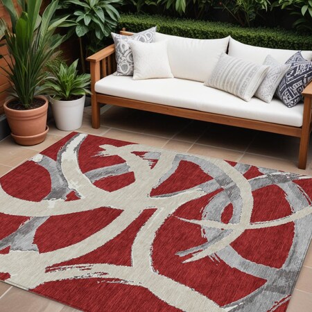 Homeroots 9' X 12' Red Beige And Gray Abstract Washable Indoor Outdoor Area Rug 599164
