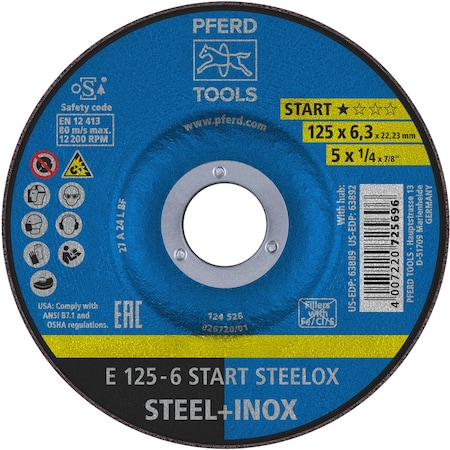 Pferd 5'' Grinding Wheel, 1/4'' Thick, 7/8'' Arbor, START STEELOX, Type 27, Aluminum Oxide 63889