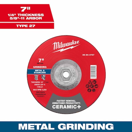Milwaukee Tool Grinding Wheel, 7" dia. 49-94-0737