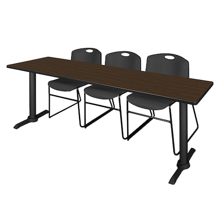 Regency Cain T-Base Training Seminar Table W/ 3 Zeng Stack Chairs, 84 in W, 24 in L, Neo Walnut MTRCT8424NW44BK