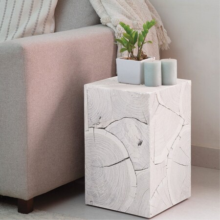 Homeroots 20" Whitewash Solid Wood Block Handmade Square End Table 555313