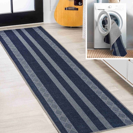 Jonathan Y Nautisk Trellis Stripe Non-Slip Machine-Washable Navy/Gray 2 ft. x 8 ft. Runner Rug WSH120A-28