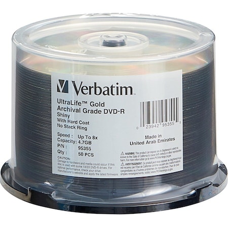 Verbatim DVD-R 4.7GB 8X UltraLife Gold Archival Grade with Branded Surface and Hard Coat - 50pk Spindle 95355