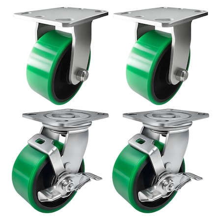 Hyw Products Heavy Duty Caster Set 5in Green Polyurethane on Cast Iron Wheels, 2 Rigid & 2 Swivel w/ Brake, 4PK 40-50R-A1-PC-2,40-50S-A1-PC-TB-2 (G)