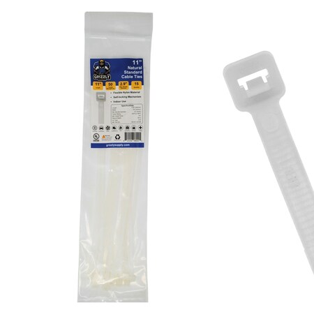 Cable Tie, 11 in L, 50 lb Strength, 3.2 in Max Bundle Dia, Nylon 6/6, Natural, 15PK