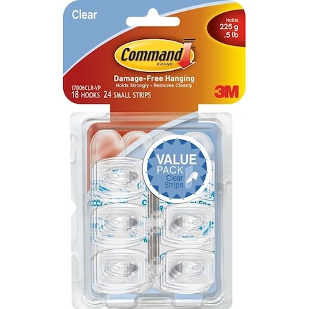 Command Adhesive Hook, 05 lb, 18Hook, Plastic, Clear 17006CLR-VP