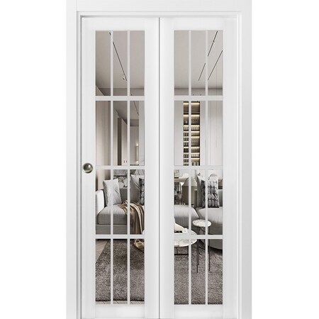 Sartodoors Sliding Closet Bi-fold Doors, Felicia 3355 White Silk with Clear Glass, Sturdy Tracks Moldings Tri FELICIA3355BF-WS-72 x 80 (2* 36x80)