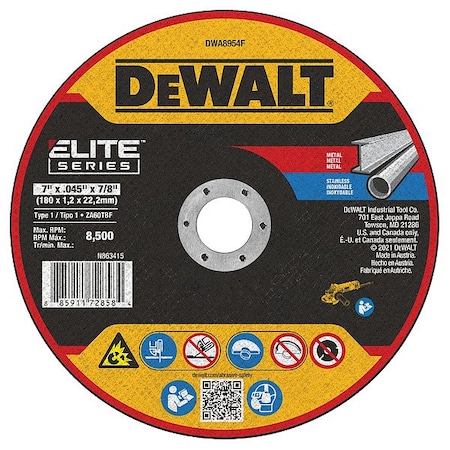 Dewalt Abrasive Cut-Off Wheel, Type 1, 7 in Dia, 0.045 in Thick, 7/8 in Arbor Hole Size, Zirconia Alumina DWA8954F