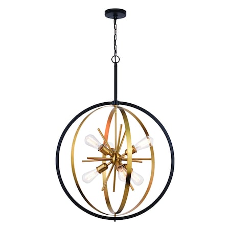 Vaxcel Estelle 26.75-in Brass and Black Mid Century Modern 6 Light Globe Sputnik Hanging Ceiling Pendant Chandelier P0341