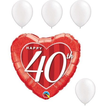 Loonballoon Anniversary Balloons, 18in. HAPPY 40TH DAMASK HEART, 4 Pearl White Latex Set LOON-LAB-49115-Q-P