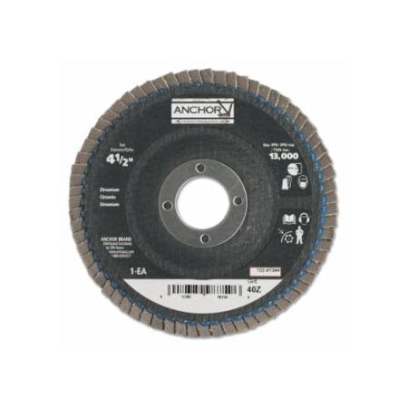 Anchor Brand Abrasive Flap Disc, 4-1/2 in, 40 Grit, 7/8 in Arbor, 13,000 rpm, Angled, 10PK 102-41344