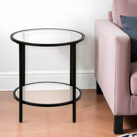 Homeroots 22" Black And Clear Glass And Steel Round End Table With Shelf 544216