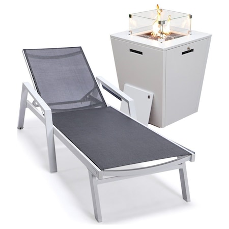 Leisuremod Marlin White Aluminum Patio Chaise Lounge Chair With Arms & Square Fire Pit Table, Black MLAWCF21-77BL
