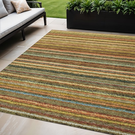 Homeroots 5' X 8' Coral Gold And Green Striped Washable Indoor Outdoor Area Rug 577770