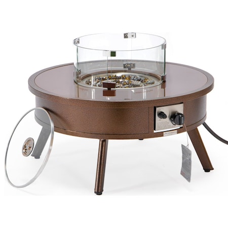 Leisuremod Walbrooke Outdoor Patio Aluminum Round Fire Pit Side Table with Lid and Fire Glass, Brown WBR-29-GL