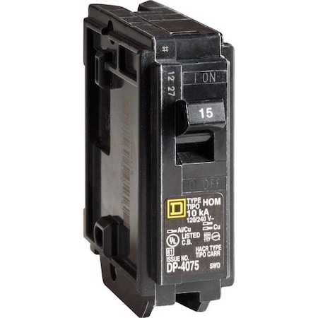 Square D Circuit Breaker, HOM Series, 15A, 1 Pole, 120/240V AC, 10kA HOM115CP