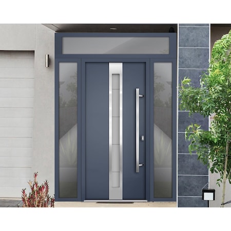Vdomdoors Steel Door Deux 1717 Gray Graphite 2 Sidelight and Transom Window Stainless Inserts Single Modern P DEUX1717EXD-GRE-W12+36+12xH80+16-LH-O