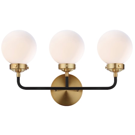 Jonathan Y Caleb 22" 3-Light Contemporary Transitional Iron/Glass LED Vanity Light, Brass Gold/Black/White JYL9058B