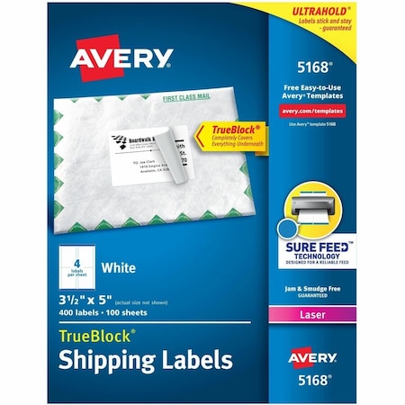Avery Shipping Labels with TrueBlock Technology, 3-1/2 x 5, White, 400/Box 5168