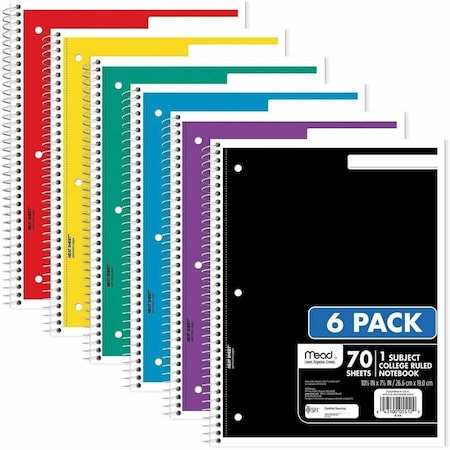 Mead Products NOTEBOOK, 70SHTS, AST, 6PK 73065