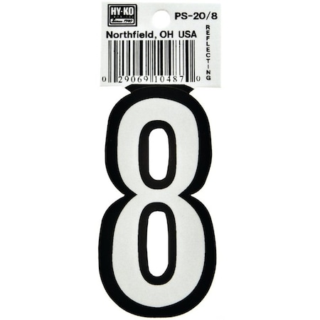 Hy-Ko Reflective Sign, Character: 8, 3-1/4 in H Character, Black/White Character, Vinyl PS-20/8