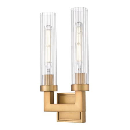 Z-Lite Beau 2 Light Wall Sconce, Rubbed Brass/Clear Ribbed, 8 In W 740-2S-RB