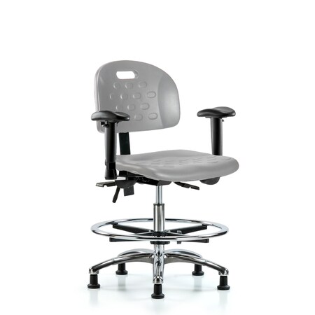 Blue Ridge Ergonomics Poly Chair Chrome-Medium Bench Ht with Adj Arms, Chrome Foot Ring, &Stationary Glides in Gray Poly HPMBCH-CR-T0-A1-CF-RG-GRY