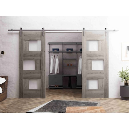 Vdomdoors Sturdy Dbl Barn Door 48 x 84in, Nebraska Grey W/ Frosted Glass, SS 13FT Rail Hangers Heavy Set SETE6933DB-S-NEB-4884