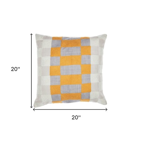 Homeroots 20" Yellow and Gray Check Throw Pillow With Embroidery 549409