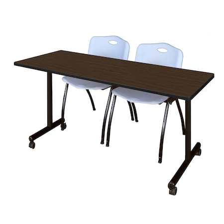 Regency Kobe Mobile T-Base Training Table W/ 2 M Stack Chairs, 72 in W, 24 in L, Neo Walnut MKTRCC7224NW47GY