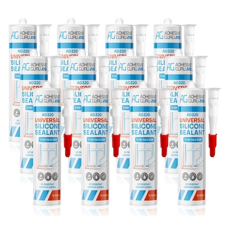 Adhesive Guru AG320 100% Silicone Sealant 10.15 oz., Multi-Purpose, Waterproof, Flexible Caulk, Clear, 12PK adgr_UniSil_AG320_12pk