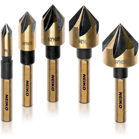 Neiko Countersink Drill Bit Set for Wood and Metal, 0.25 in Tri-Flat Shank, 5 Piece, M2 High Speed Steel 10218A