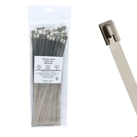 Cable Ties Unlimited Cable Tie, 14 in L, 300 lb Strength, 4 in Max Bundle Dia, 316 Stainless Steel, Silver, 100PK SSP14-HD