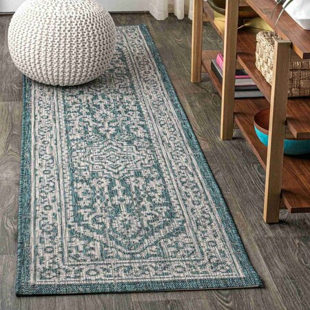 Jonathan Y Sinjuri Medallion Textured Weave Teal Blue/Gray 2 ft. x 8 ft. Indoor/Outdoor Runner Rug SMB101C-28