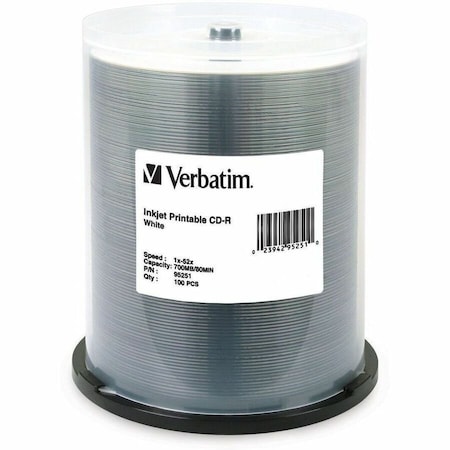 Verbatim 100PK CD-R 80MIN 700MB 52X WH IJ PRT SP, 100PK 95251