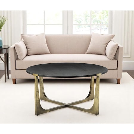 Homeroots 34" Antiqued Gold Solid Wood and Iron Round Distressed Coffee Table 597057