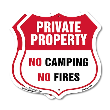 Signmission Private Property Shield Sign No Camping, 12 inch X 12 inch, Aluminum Metal Sign, 2PK SHI-A-2PACK-12-441