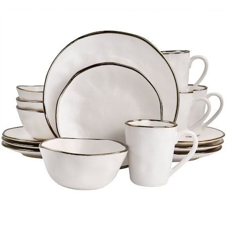 Elama Modern 16 Piece Stoneware Dinnerware Set in Matte White with Gold Rim ELM-CHRISTIAN16