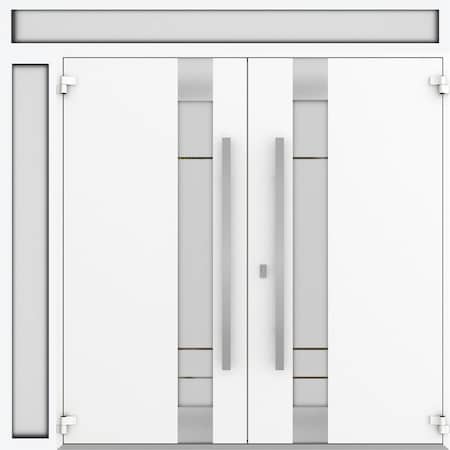 Vdomdoors Metal Double Doors Deux 1713 Natural Oak Frosted Glass 1 Sidelight and Top Transom Entry Modern Pai DEUX1713DEXD-OAK-W72+12xH80+14-LH-O