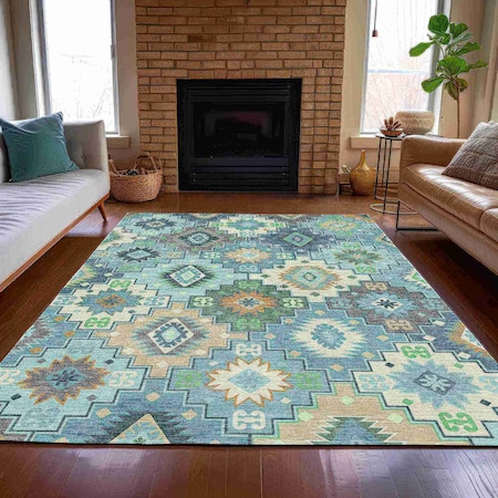 Homeroots 10' X 14' Teal Blue Beige And Ivory Southwestern Washable Indoor Outdoor Area Rug 632286