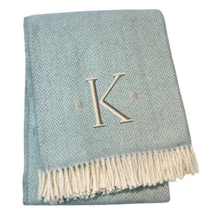 Homeroots 55" X 70" Sky Blue White Herringbone Cotton Blend K Initial Throw Blanket with Tassels Embroidery 680588