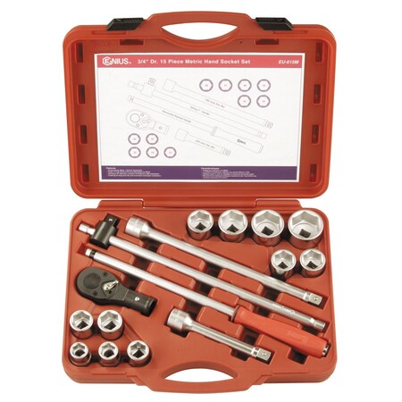 Genius Tools 3/4inDr. 15 Piece Metric Hand Socket Set EU-615M