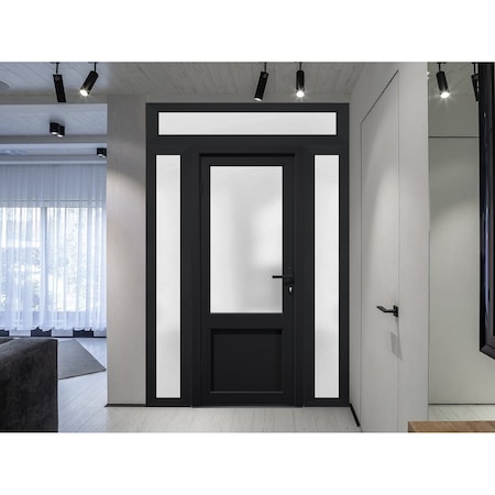 Vdomdoors Front Exterior Prehung FiberGlass Door Frosted Glass / Manux 8422 Matte Black / 2 Sidelight and Tra MANUX8422EXD-BLK-W14+36+14 x H80+14-RH