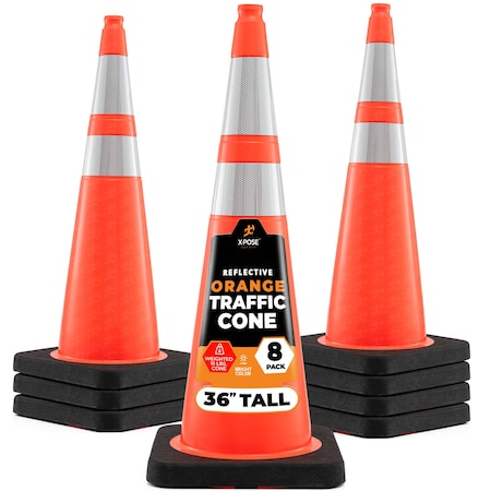 Xpose Safety 36 in Orange Traffic Cone, PVC, 15 lb Base with 6 in & 4 in Collar, DOT Approved, 8 PK OTC36-64-15L-8-X