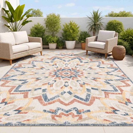 Jonathan Y Flora Abstract Bold Mandala High-Low Cream/Multi 8 ft. x 10 ft. Indoor/Outdoor Area Rug AMC112F-8